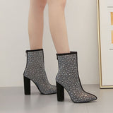 Fligmm Street Short Boots Autumn And Winter New Fashionable High-Heel Large-Size Water Drill Pointed Thick-Heeled Boots