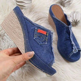 Fligmm Summer Women's Solid Color Adult Daily Denim Fashion Slope Heel Muffin Slippers