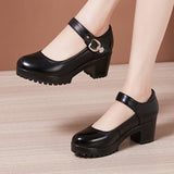 Fligmm Cheongsam Catwalk High Heels Waterproof Platform Large Round Head Thick Heel Black Professional Single Shoes Working Shoes