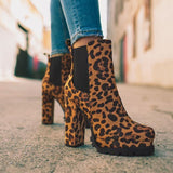 Fligmm New Round Head Leopard Pattern Winter Thick Heel Low Tube Waterproof Table Elastic Sleeve Martin Boot Girl