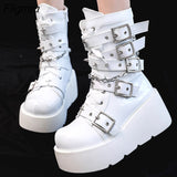 Fligmm New Female Wedges High Heels Boots Fashion Buckle Punk Goth Platform women's Boots Zip Cross-tied Party Street Woman Shoes 0410