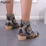 Fligmm Size boots women Embroidery Flower Med Heel Ankle Boots Comfort Autumn Winter Ankle Boots Brand Designer Short Booties 0410