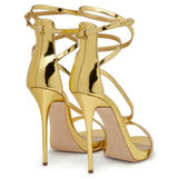 Fligmm Big Brand High-Heeled Sandals Lacquered Leather Gold And Silver Ribbon Open-Toed High Heels Strapping The Original Single