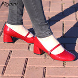 Fligmm High Heels Shoes Women Mary Janes Shoes Patent Leather Med Heel Pumps Buckle Square Toe Ladies Shoes Red Plus Size 33-43 0410