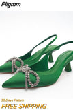 Fligmm Woman TRAF Green Bling Bow Heels Fashion Rhinestone Pointed Slingback Sandals Women Party Prom Butterfly-knot Pumps Summer 0410