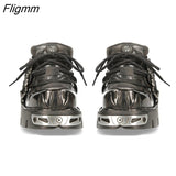 Fligmm Punk Style Women Shoes Lace-up 5CM Thick Heel Platform Shoes Female Gothic Ankle Boots Metal Decor Botas Invierno Mujer 0410