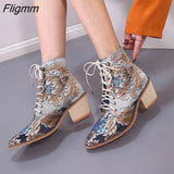 Fligmm Size boots women Embroidery Flower Med Heel Ankle Boots Comfort Autumn Winter Ankle Boots Brand Designer Short Booties 0410