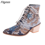 Fligmm Size boots women Embroidery Flower Med Heel Ankle Boots Comfort Autumn Winter Ankle Boots Brand Designer Short Booties 0410