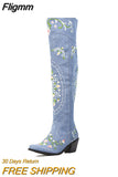 Fligmm Women's Embroidered Western Knee High Boots Cowboy Cowgirls Over The Knee Boots For Women Flower Chunky Denim Shoes 0410