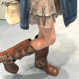 Fligmm Spring Autum Women's metal belt buckle Leather Boots Ladies Slip on Ankle Mid Calf Boots Casual Non Slip Platform Shoes 0410