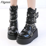 Fligmm New Female Wedges High Heels Boots Fashion Buckle Punk Goth Platform women's Boots Zip Cross-tied Party Street Woman Shoes 0410