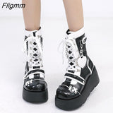 Fligmm New Female Wedges High Heels Boots Fashion Buckle Punk Goth Platform women's Boots Zip Cross-tied Party Street Woman Shoes 0410