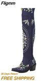 Fligmm Women's Embroidered Western Knee High Boots Cowboy Cowgirls Over The Knee Boots For Women Flower Chunky Denim Shoes 0410