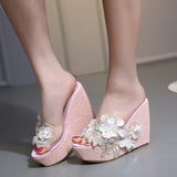 Fligmm Sandals And Slippers Are Available In Stock. Korean Fashion Beaded Flowers Summer Transparent Slope Thick-Soled Slippers