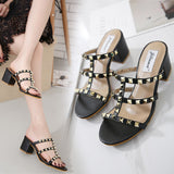 Fligmm Heels Black Riveted Lady High-Heeled Sandals Thick-Heeled Sandals Fishmouth Slippers