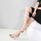 Fligmm Shoes Spot High-Top Women's Shoes Hollowed-Out Ribbon Fine-Heeled Roman High-Heeled Sandals