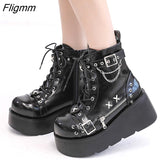 Fligmm New Female Wedges High Heels Boots Fashion Buckle Punk Goth Platform women's Boots Zip Cross-tied Party Street Woman Shoes 0410