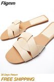 Fligmm 2023 Woman's Gold Cross Straps Slipper Beige Round Toes Slingbacks Sandals Green Casual Beach Brown Flat Slides Summer New 0410