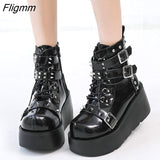 Fligmm New Female Wedges High Heels Boots Fashion Buckle Punk Goth Platform women's Boots Zip Cross-tied Party Street Woman Shoes 0410