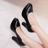 Fligmm Work Shoes, Women's Black Dress, Professional Leather Shoes, Waterproof Platform, High Heels, Pointed, Large Size, Shallow Mouth, Thick Heels.