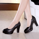 Fligmm Work Shoes, Women's Black Dress, Professional Leather Shoes, Waterproof Platform, High Heels, Pointed, Large Size, Shallow Mouth, Thick Heels.