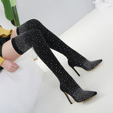 Fligmm 2024 Popular Style Over-The-Knee Boots Pointed Thin-Heeled Women's Diamond Elastic Socks Boots Large Size Women's Boots