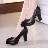 Fligmm Work Shoes, Women's Black Dress, Professional Leather Shoes, Waterproof Platform, High Heels, Pointed, Large Size, Shallow Mouth, Thick Heels.