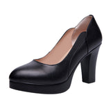 Fligmm Work Shoes, Women's Black Dress, Professional Leather Shoes, Waterproof Platform, High Heels, Pointed, Large Size, Shallow Mouth, Thick Heels.