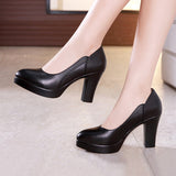 Fligmm Work Shoes, Women's Black Dress, Professional Leather Shoes, Waterproof Platform, High Heels, Pointed, Large Size, Shallow Mouth, Thick Heels.