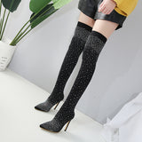 Fligmm 2024 Popular Style Over-The-Knee Boots Pointed Thin-Heeled Women's Diamond Elastic Socks Boots Large Size Women's Boots