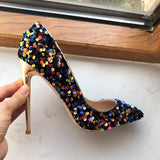 Fligmm Blue Bling Sequins Women Sexy Extremely High Heels Pointed Toe Slip On Stiletto Chic Pumps Ladies Party Wedding Shoes