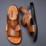 Fligmm New Fashion Men Shoes Vintage Real Leather Non-slip Beach Slip-On Sandals Travel Flip Flop Slippers Black Brown mk5 0410