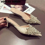 fligmm Slippers Women Slip On Slides Ladies Brand Mules Shoes Women Dress Shoes Pointed Toe Heels Pearl Slippers For Party Shoes 0410