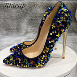 Fligmm Blue Bling Sequins Women Sexy Extremely High Heels Pointed Toe Slip On Stiletto Chic Pumps Ladies Party Wedding Shoes