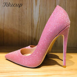 Fligmm Pink Sparkly Bling Women Wedding High Heel Shoes 12cm 10cm 8cm Customize Lady Shiny Pumps Dress Shoes Plus Size 33-45