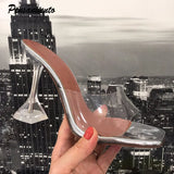 Fligmm style Transparent PVC Women Slippers Fashion Square toe Cup heeled Summer Female Mules Slides High heels Sandals Shoes