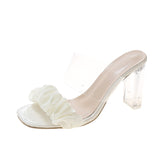 Fligmm New Korean Version Of Fairy Style Transparent Thick Heel Square Head Pleated Sandals Summer High-Heeled Slippers