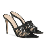 Fligmm Large-Size Black Fishnet Sexy High-Heeled Muller Tipped High-Heeled Slippers