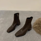 Fligmm Square Head Elastic Thin French Short Boots 2024 New Autumn And Winter Brown Martin Boots Single Boots