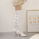 Fligmm Boots Boots Women's Winter Straight Boots White Pleated High-Heeled Large Knee-Length Boots