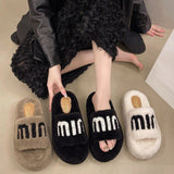 Fligmm Celebrity Muffin Thick Bottom Letter Wool Slippers Women Wear 2024 Winter New Style Lamb Wool Cotton Slippers