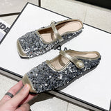 Fligmm Semi-Slippers Women's 2024 Summer New French Sequins Temperament Square Head Soft-Soled Single Shoes Wear Sandals And Slippers