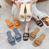 Fligmm Summer New Online Celebrity Flat-Bottomed Sandals And Slippers For Women Wearing Fashionable Metal Buckles Retro Ins Trend