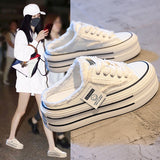 Fligmm Slippers Women Wear 2024 New Canvas Shoes Without Heels And Semi-Support Online Celebrities Lazy Half-Dragged Thick Soles Cool Slippers