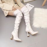 Fligmm Boots Boots Women's Winter Straight Boots White Pleated High-Heeled Large Knee-Length Boots