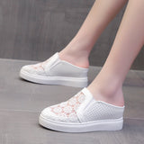 Fligmm New Baotou Rear Empty Slippers Mesh Breathable Embroidered Sandals Heightened Spot Slippers With Thick Heels