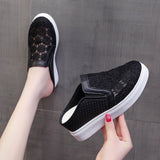 Fligmm New Baotou Rear Empty Slippers Mesh Breathable Embroidered Sandals Heightened Spot Slippers With Thick Heels