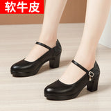 Fligmm Heels, Thick Heels, Walking Shoes, Women's Leather Waterproof Table, Round Head Cheongsam Show Shoes, Black Professional Work Shoes.