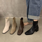 Fligmm Square Head Elastic Thin French Short Boots 2024 New Autumn And Winter Brown Martin Boots Single Boots