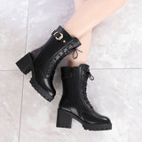 Fligmm Women With Short Boots In Winter, Women's Boots, Thick Heels, Martin Boots, High Heels, Leather Boots, Velvet Women's Cotton Shoes.